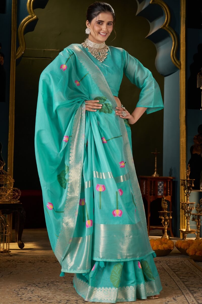 Verdant Turquoise Cotton Silk Saree With Alluring Blouse Piece