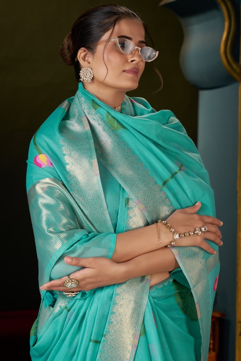 Verdant Turquoise Cotton Silk Saree With Alluring Blouse Piece