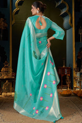 Verdant Turquoise Cotton Silk Saree With Alluring Blouse Piece