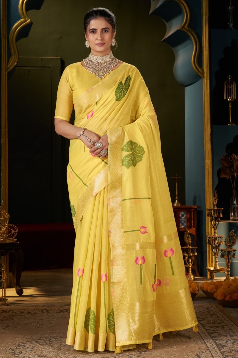 Inspiring Yellow Cotton Silk Saree With Sizzling Blouse Piece