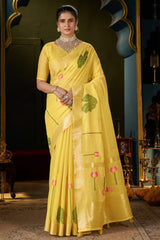 Inspiring Yellow Cotton Silk Saree With Sizzling Blouse Piece