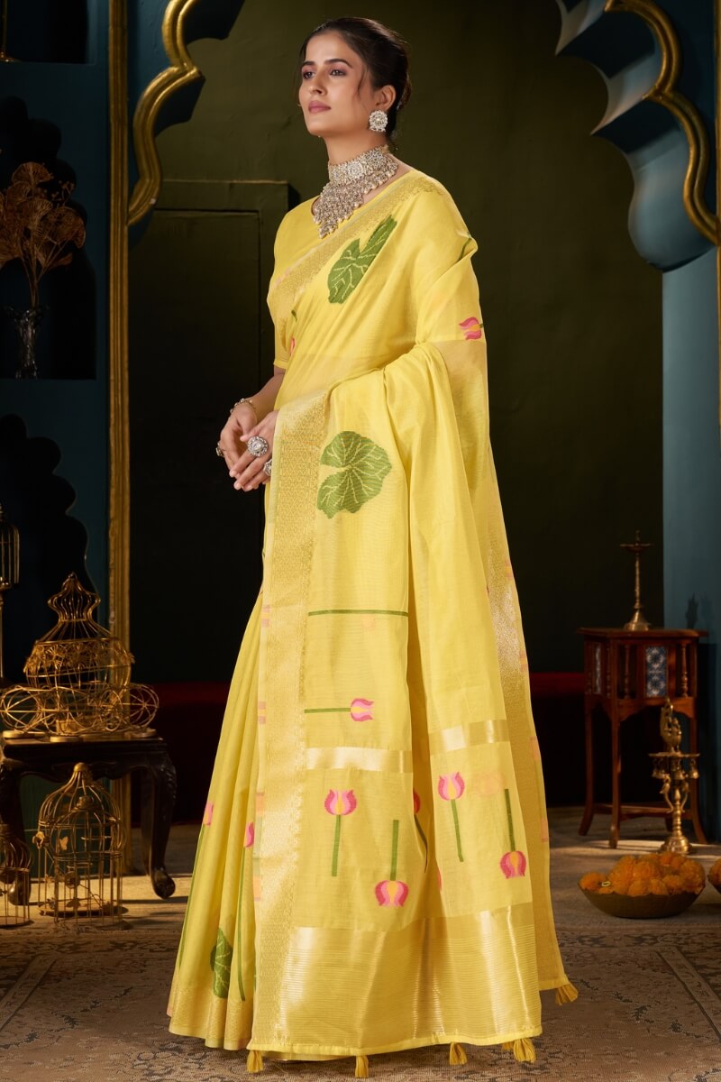 Inspiring Yellow Cotton Silk Saree With Sizzling Blouse Piece