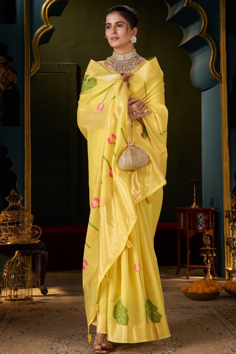 Inspiring Yellow Cotton Silk Saree With Sizzling Blouse Piece