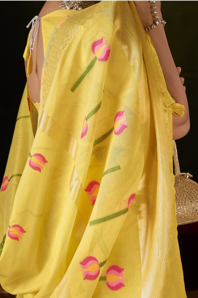 Inspiring Yellow Cotton Silk Saree With Sizzling Blouse Piece