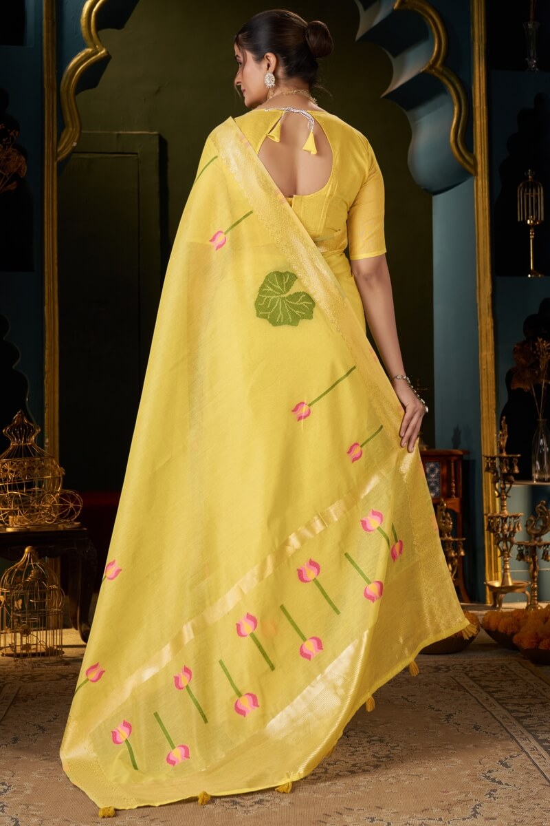 Inspiring Yellow Cotton Silk Saree With Sizzling Blouse Piece