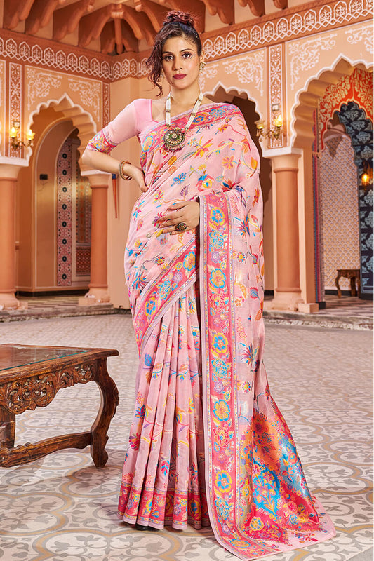 Delightful Baby Pink Linen Silk Saree With Prettiest Blouse Piece