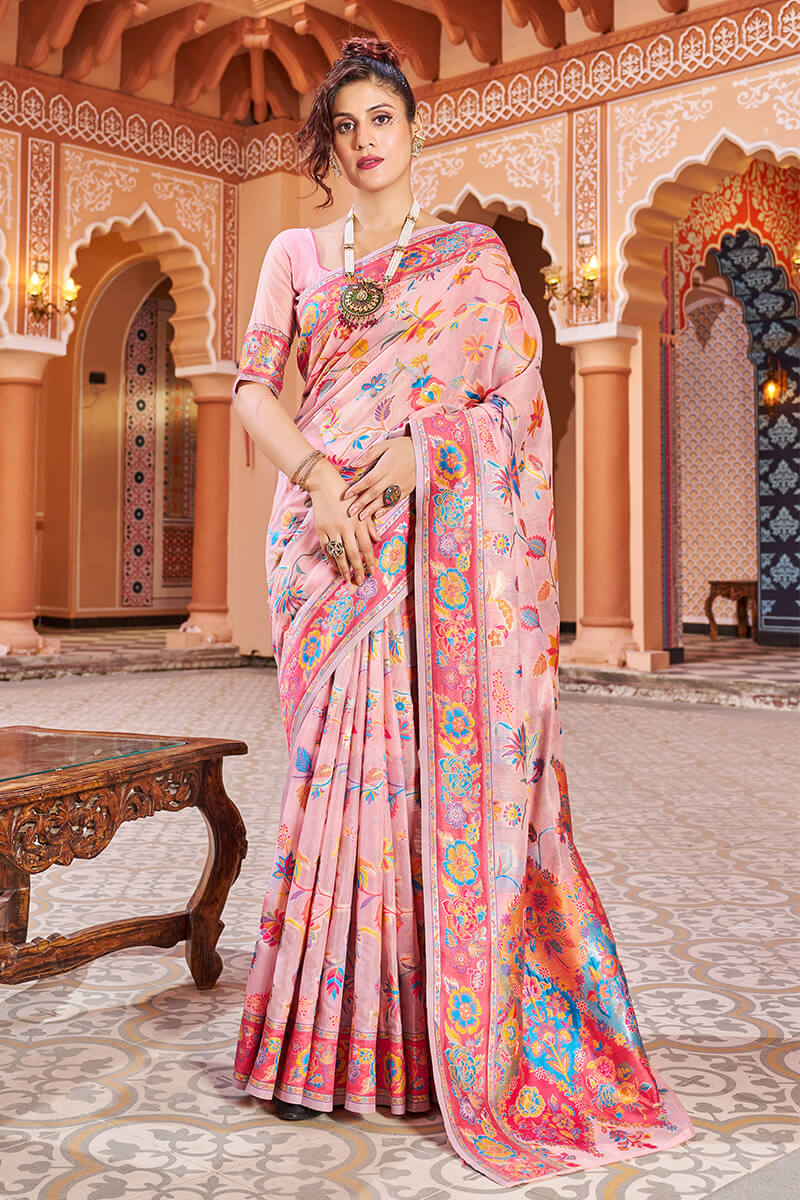 Delightful Baby Pink Linen Silk Saree With Prettiest Blouse Piece