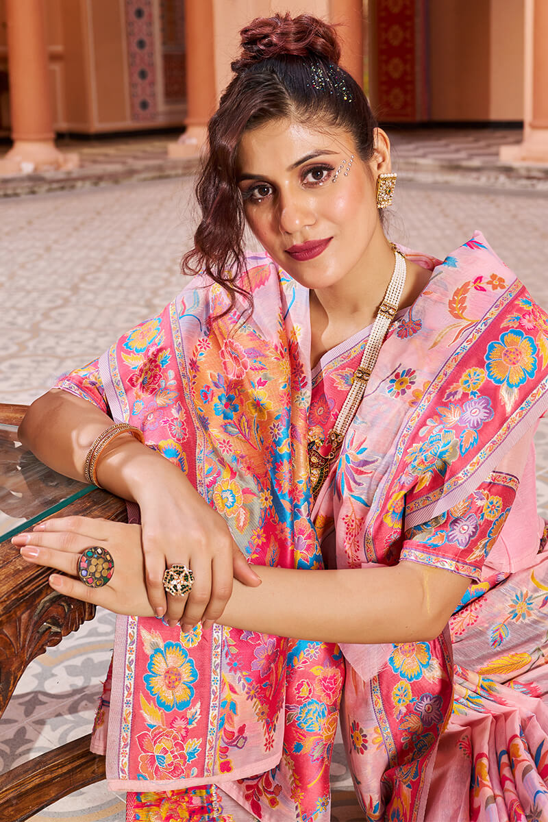 Delightful Baby Pink Linen Silk Saree With Prettiest Blouse Piece