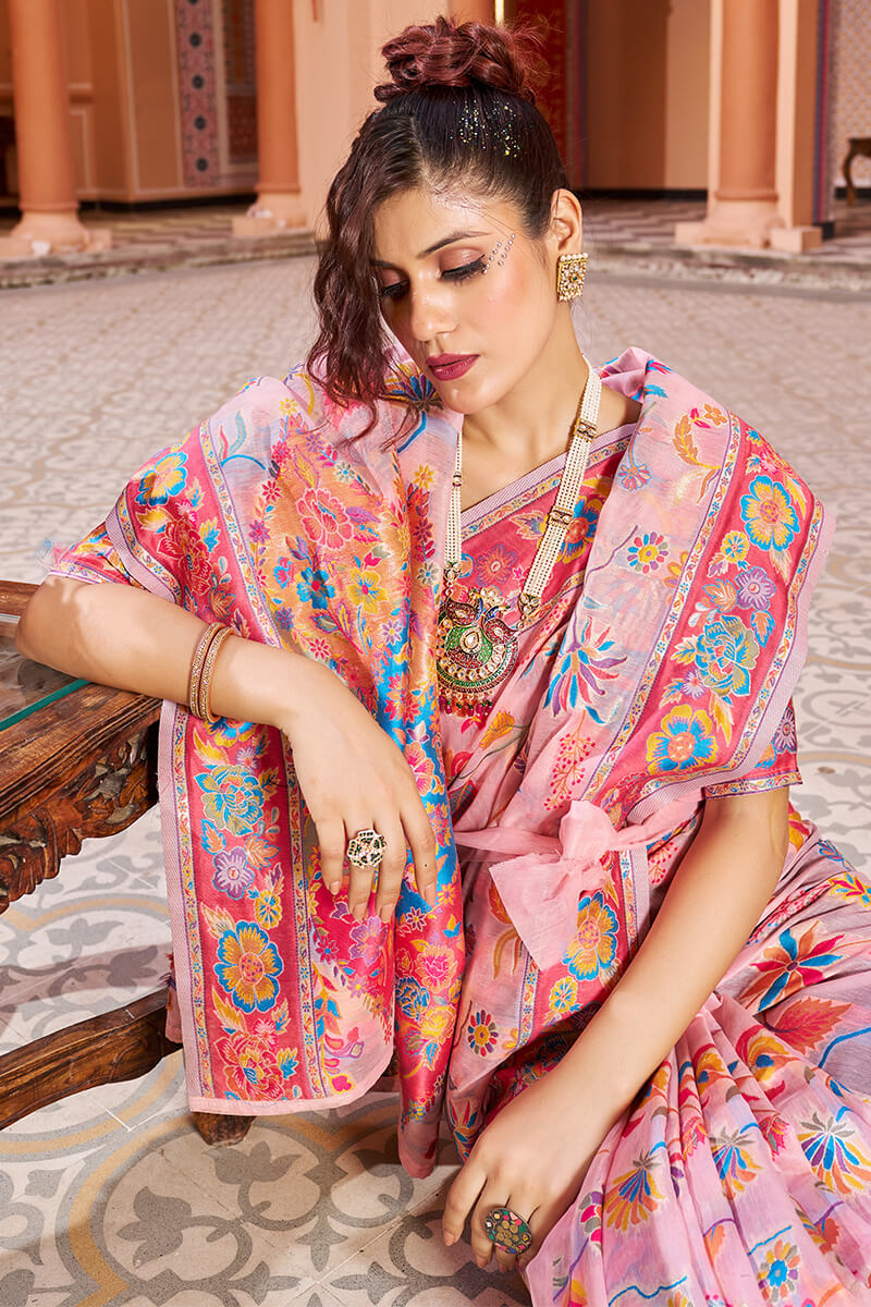 Delightful Baby Pink Linen Silk Saree With Prettiest Blouse Piece