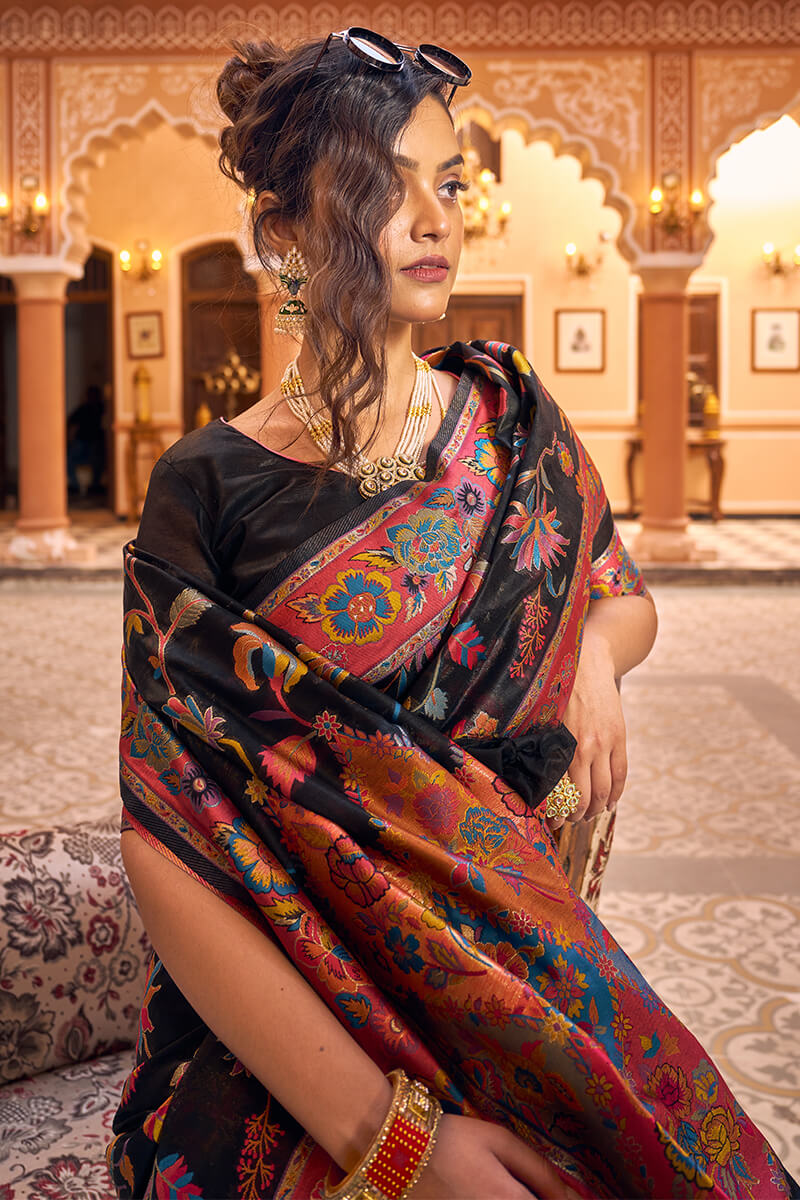 Precious Black Linen Silk Saree With Blooming Blouse Piece