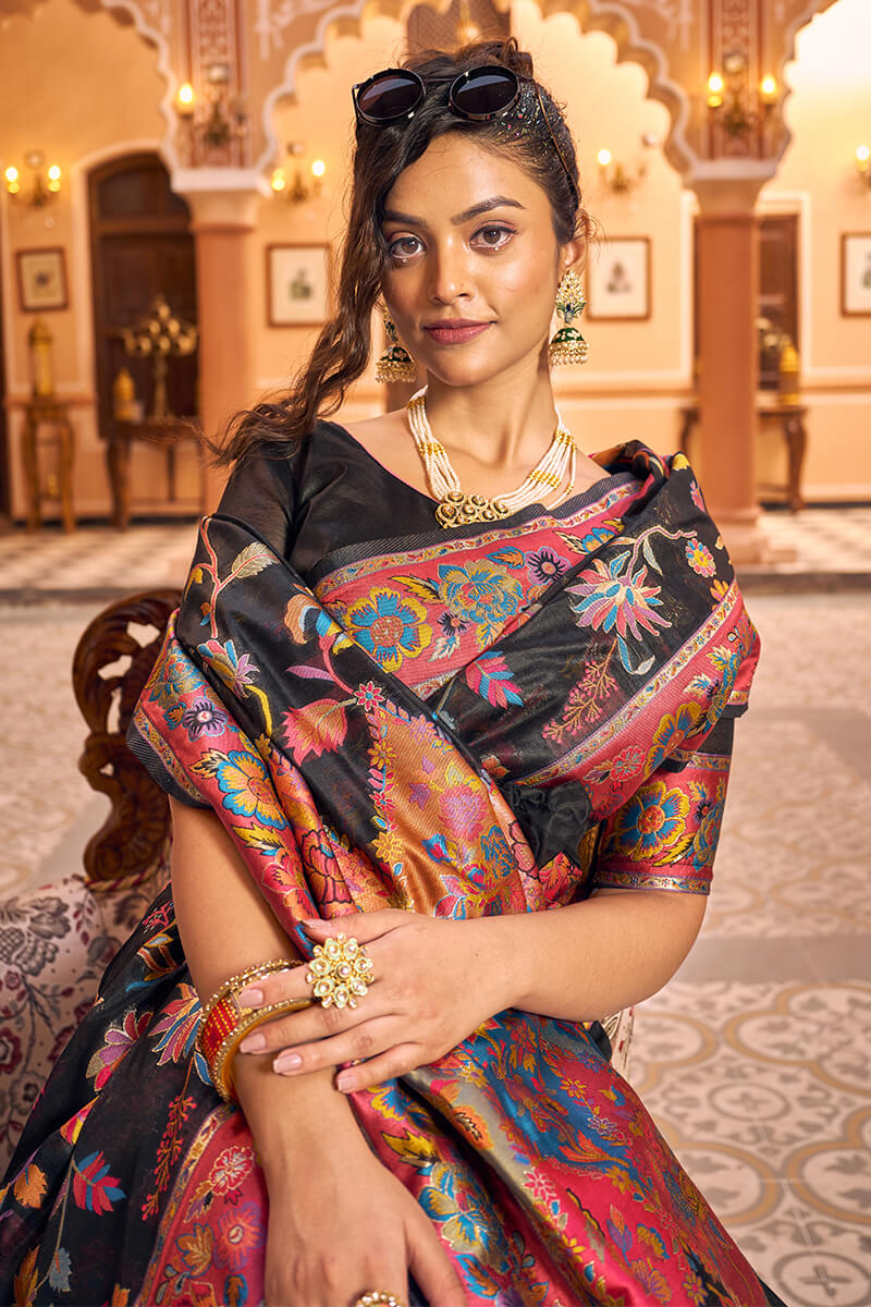 Precious Black Linen Silk Saree With Blooming Blouse Piece