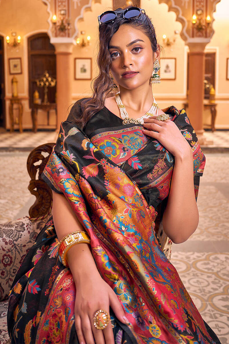 Precious Black Linen Silk Saree With Blooming Blouse Piece