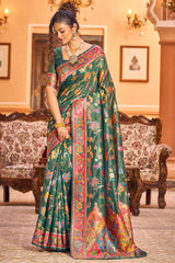 Extraordinary Dark Green Linen Silk Saree With Ethnic Blouse Piece
