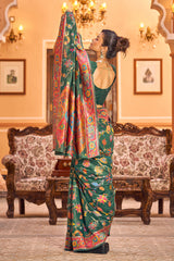 Extraordinary Dark Green Linen Silk Saree With Ethnic Blouse Piece