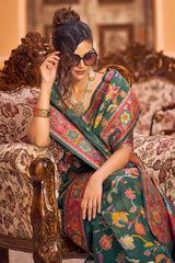 Extraordinary Dark Green Linen Silk Saree With Ethnic Blouse Piece