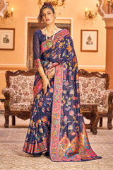 Lovely Navy Blue Linen Silk Saree With Engrossing Blouse Piece