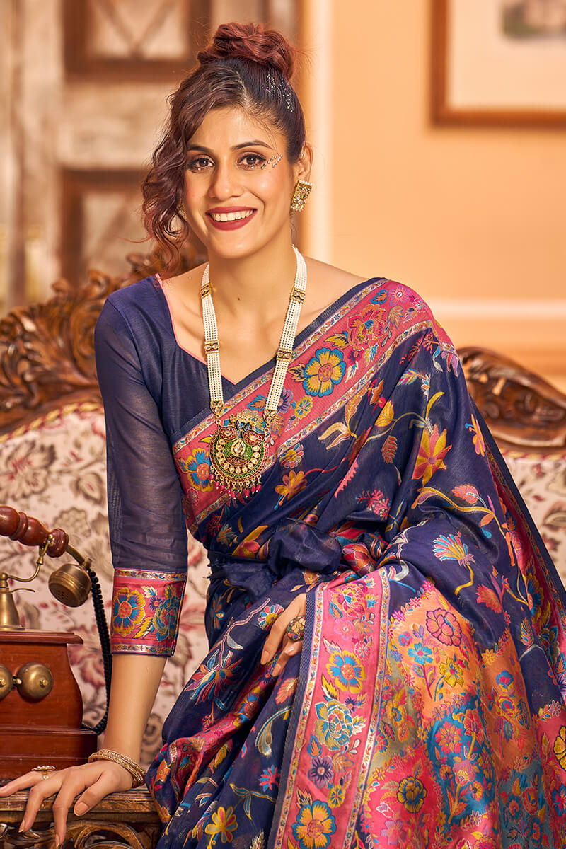 Lovely Navy Blue Linen Silk Saree With Engrossing Blouse Piece