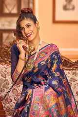 Lovely Navy Blue Linen Silk Saree With Engrossing Blouse Piece