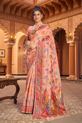 Refreshing Peach Linen Silk Saree With Groovy Blouse Piece