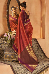 Jazzy Orange Pure Zari Weaving Banarasi Silk Saree With Stunning Blouse Piece