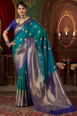 Charming Rama Pure Zari Weaving Banarasi Silk Saree With Panoply Blouse Piece
