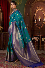 Charming Rama Pure Zari Weaving Banarasi Silk Saree With Panoply Blouse Piece