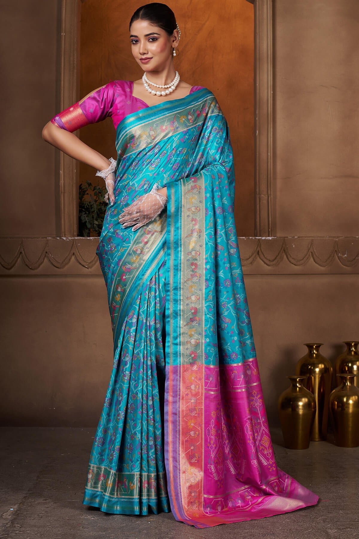 Seraglio Firozi Paithani Silk Saree With Groovy Blouse Piece