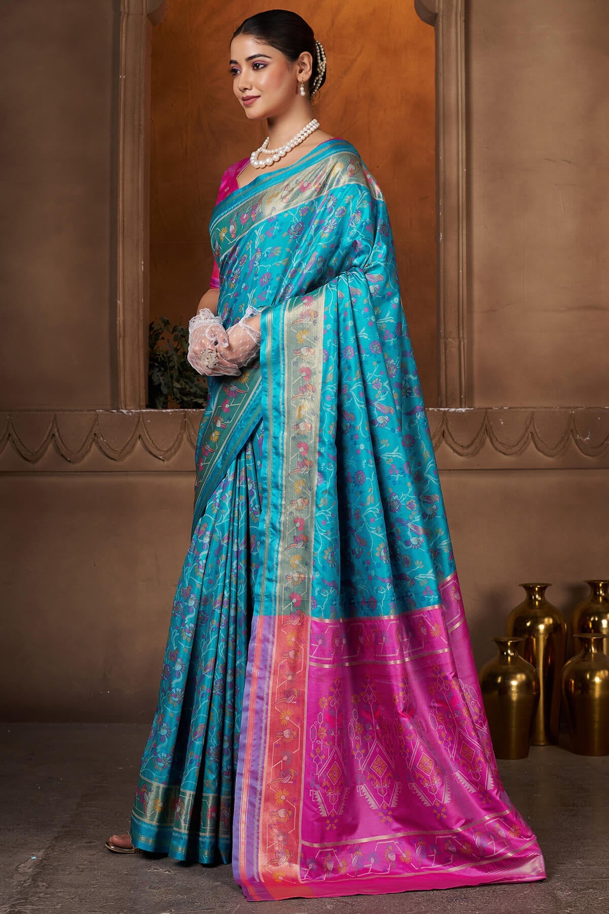 Seraglio Firozi Paithani Silk Saree With Groovy Blouse Piece