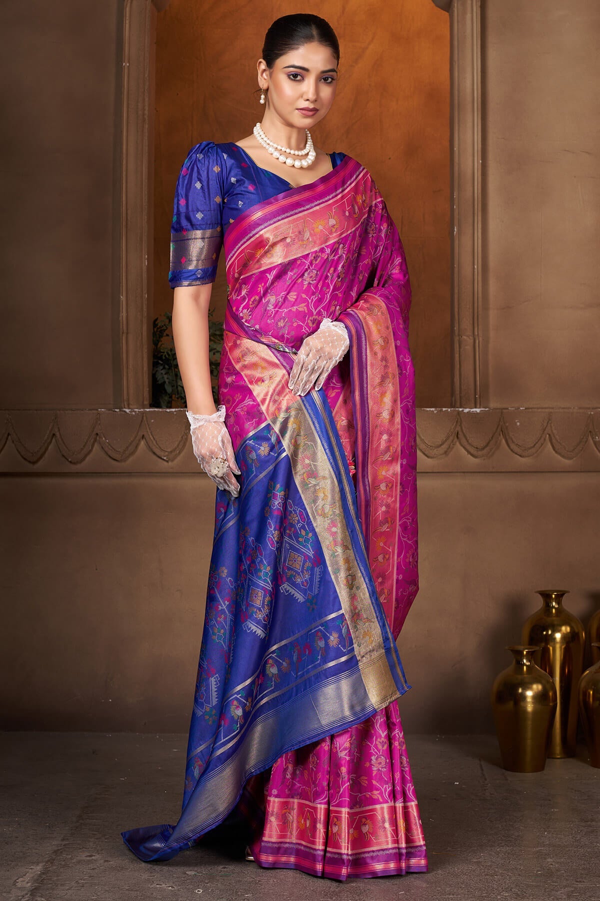 Breathtaking Magenta Paithani Silk Saree With Gossamer Blouse Piece