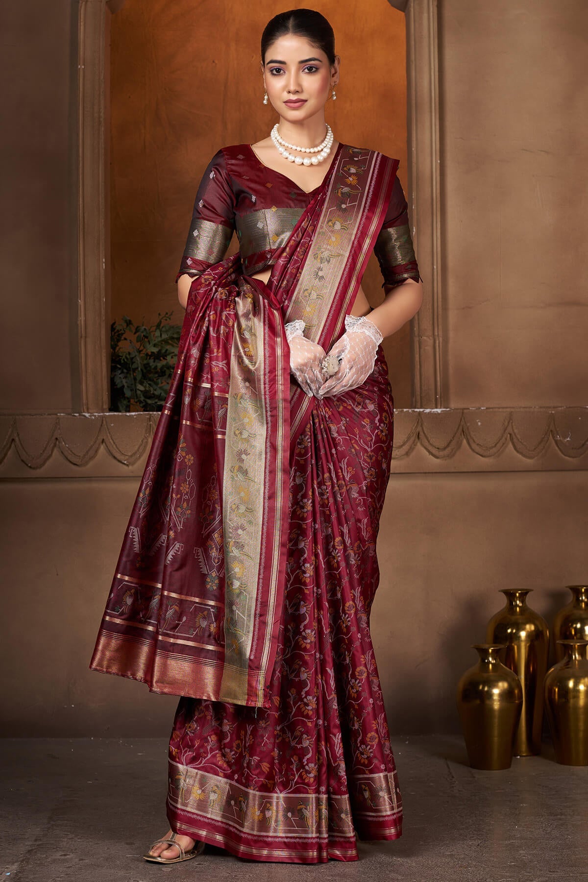 Glittering Maroon Paithani Silk Saree With Murmurous Blouse Piece