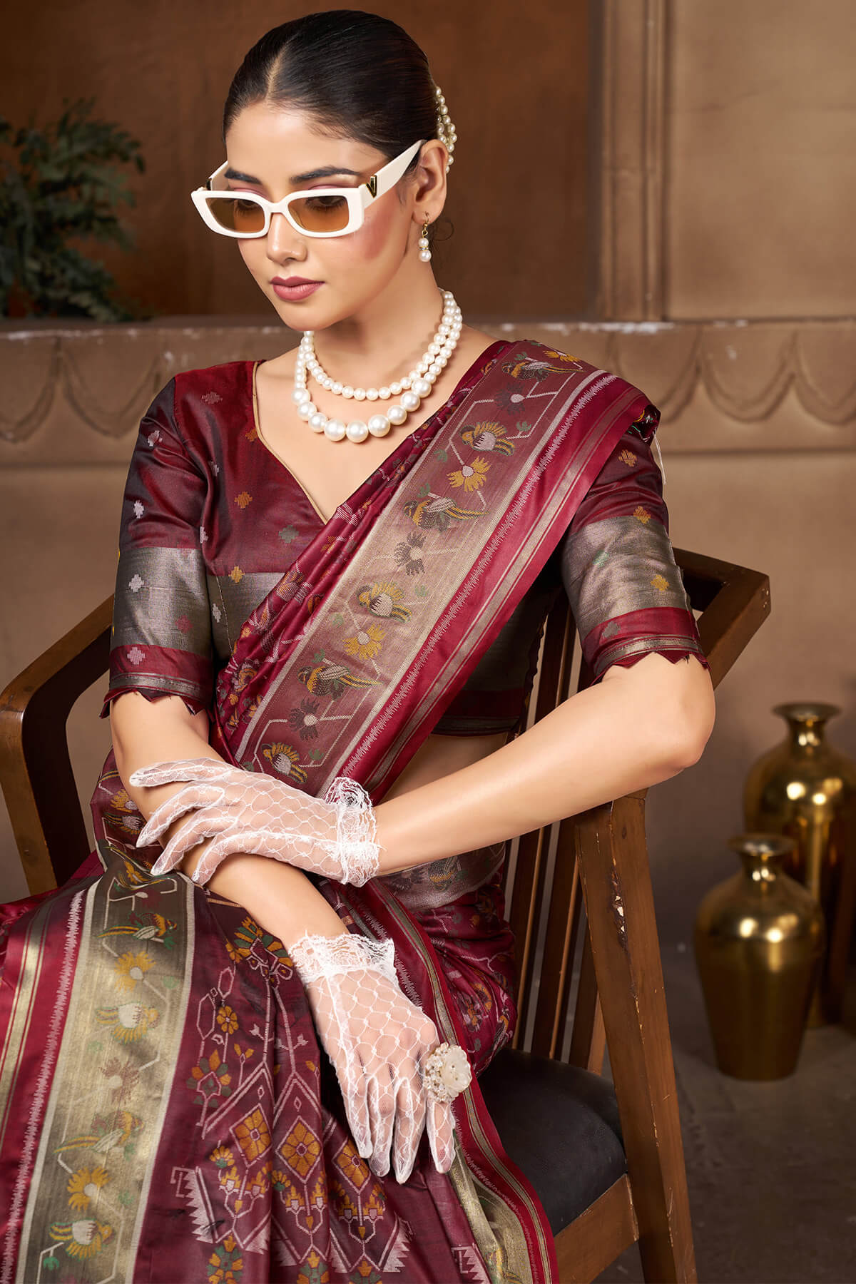 Glittering Maroon Paithani Silk Saree With Murmurous Blouse Piece