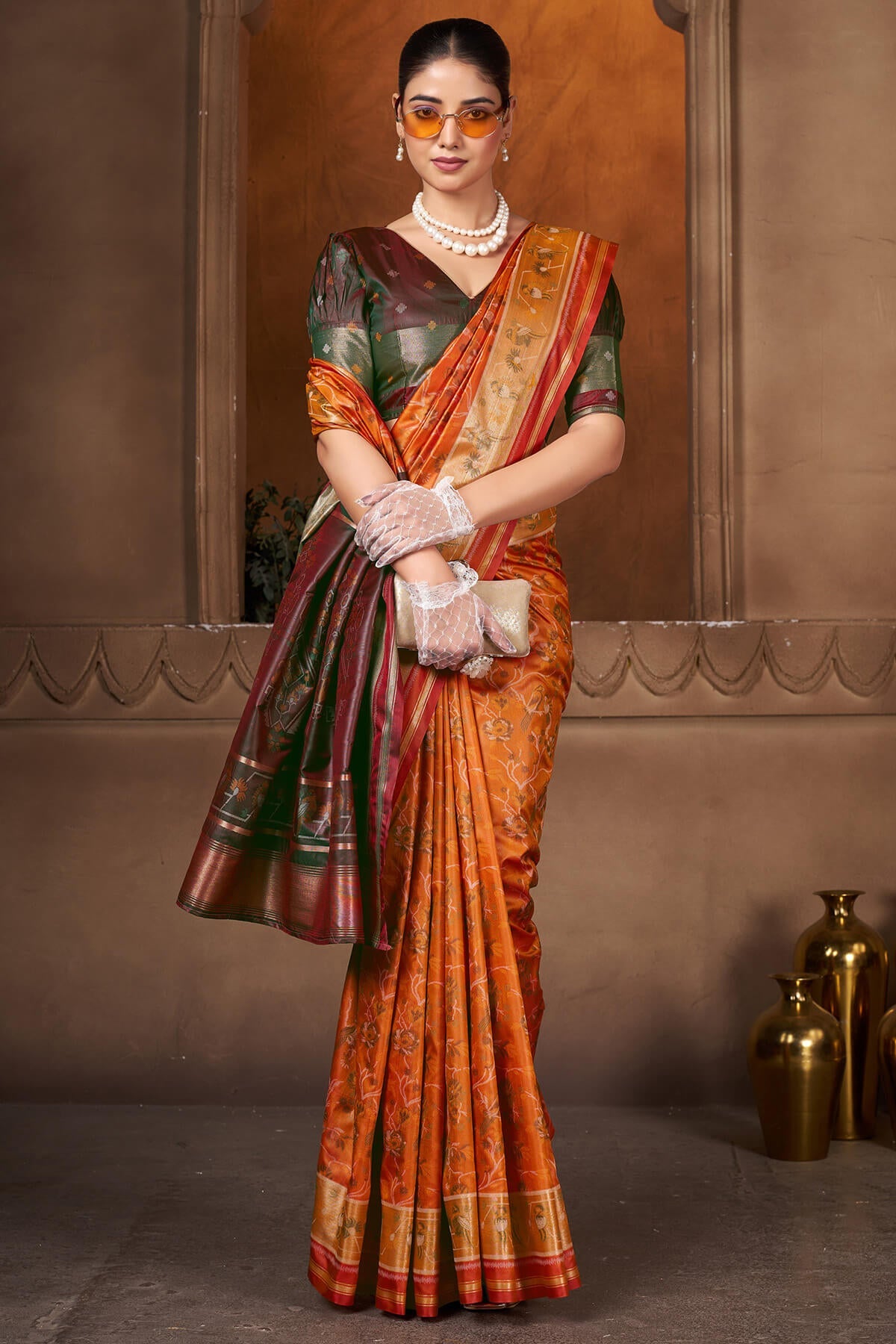 Charismatic Orange Paithani Silk Saree With Innovative Blouse Piece