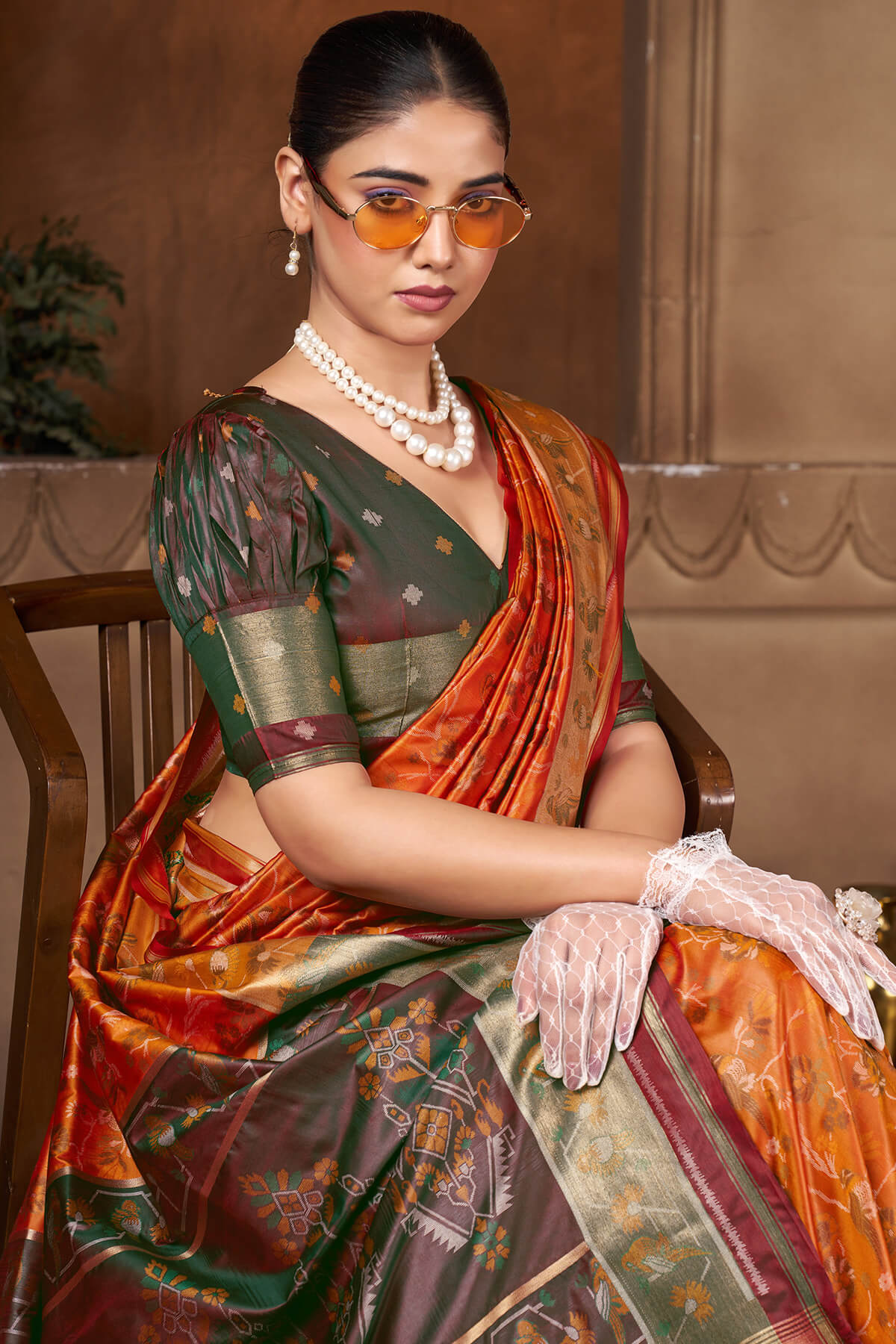 Charismatic Orange Paithani Silk Saree With Innovative Blouse Piece