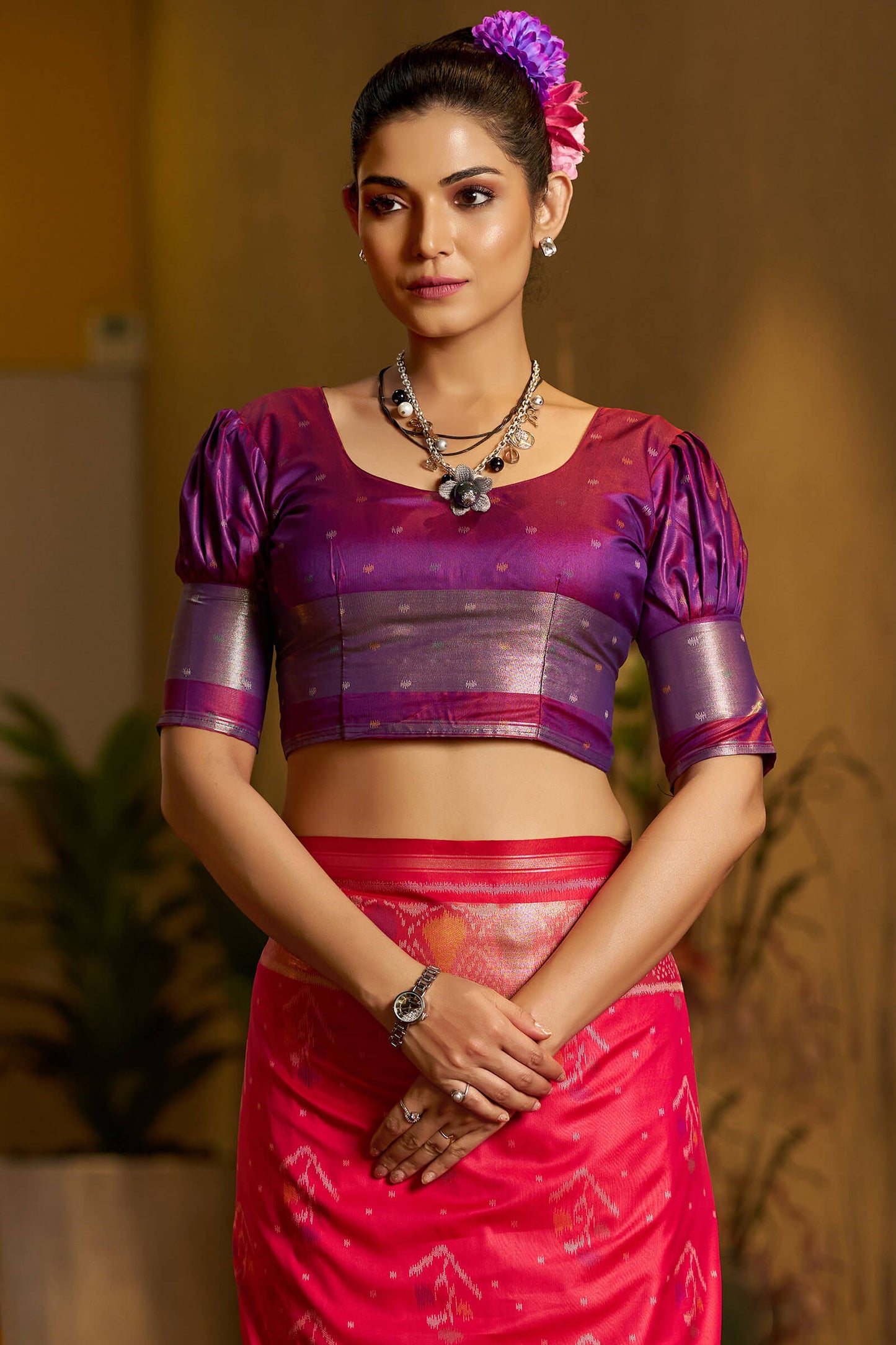 Mesmerising Dark Pink Pure Zari Weaving Banarasi Silk Saree With Enigmatic Blouse Piece