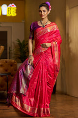 Mesmerising Dark Pink Pure Zari Weaving Banarasi Silk Saree With Enigmatic Blouse Piece