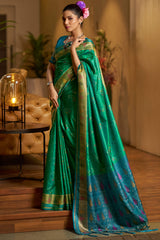 Ratatouille Green Pure Zari Weaving Banarasi Silk Saree With Snappy Blouse Piece