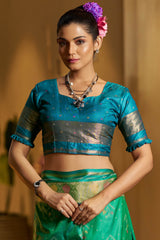 Ratatouille Green Pure Zari Weaving Banarasi Silk Saree With Snappy Blouse Piece