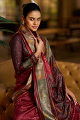 Stylish Maroon Pure Zari Weaving Banarasi Silk Saree With Surreptitious Blouse Piece
