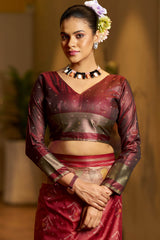 Stylish Maroon Pure Zari Weaving Banarasi Silk Saree With Surreptitious Blouse Piece