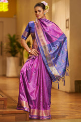 Excellent Purple Pure Zari Weaving Banarasi Silk Saree With Sempiternal Blouse Piece