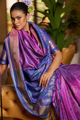 Excellent Purple Pure Zari Weaving Banarasi Silk Saree With Sempiternal Blouse Piece