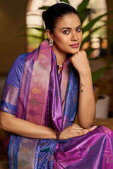 Excellent Purple Pure Zari Weaving Banarasi Silk Saree With Sempiternal Blouse Piece
