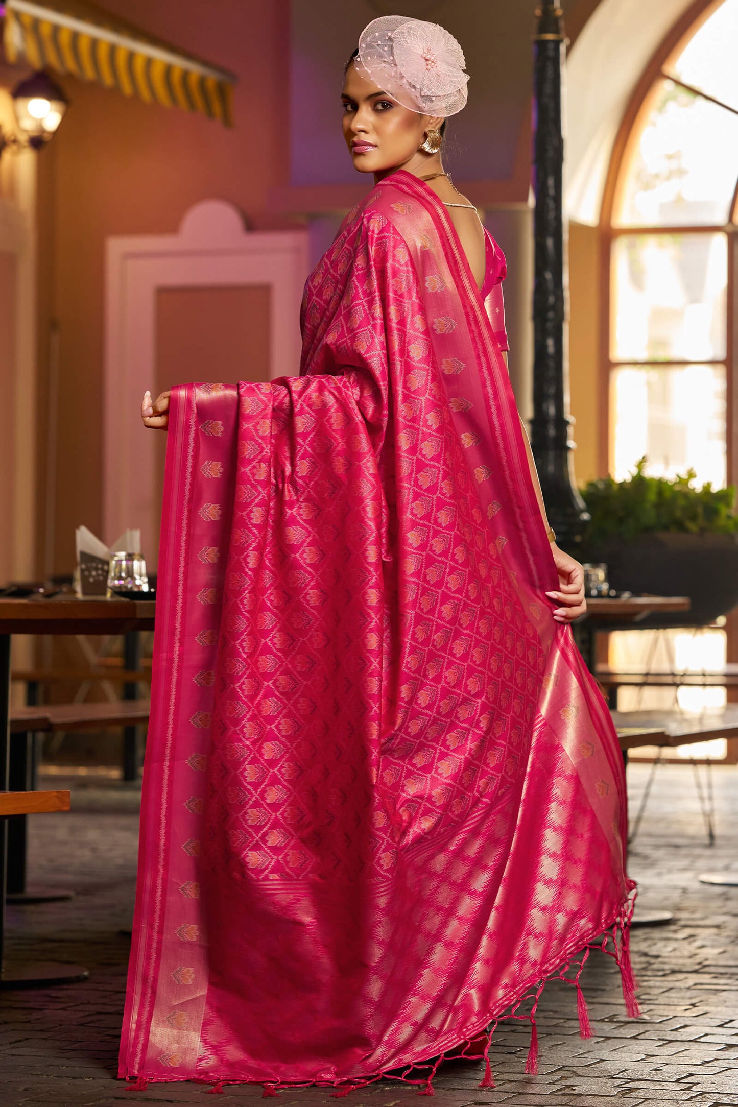 Fugacious Dark Pink Pure Zari Weaving Banarasi Silk Saree With Brood Blouse Piece