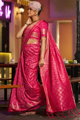 Fugacious Dark Pink Pure Zari Weaving Banarasi Silk Saree With Brood Blouse Piece