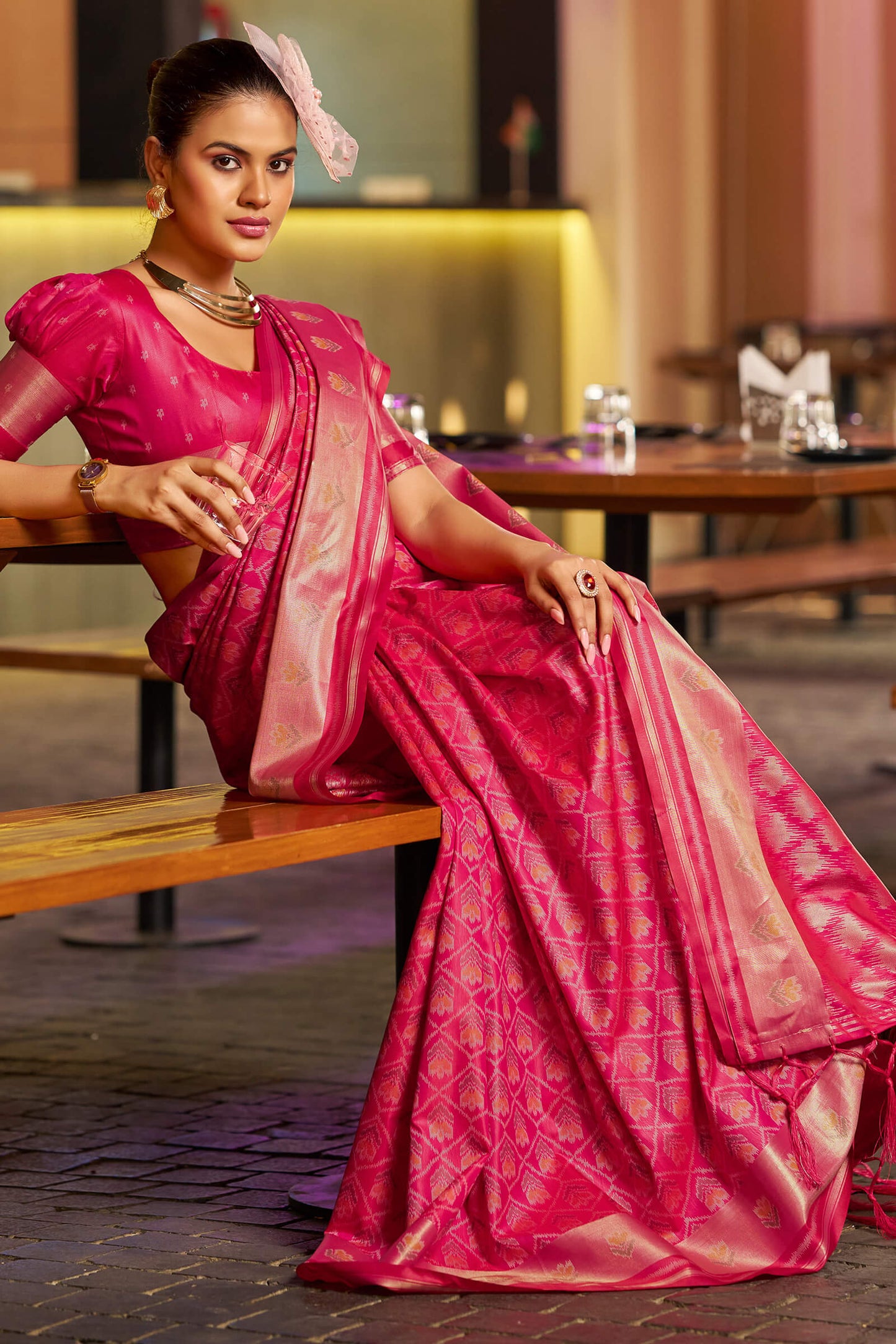 Fugacious Dark Pink Pure Zari Weaving Banarasi Silk Saree With Brood Blouse Piece