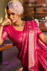 Fugacious Dark Pink Pure Zari Weaving Banarasi Silk Saree With Brood Blouse Piece