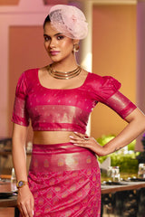 Fugacious Dark Pink Pure Zari Weaving Banarasi Silk Saree With Brood Blouse Piece