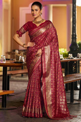 Majestic Maroon Pure Zari Weaving Banarasi Silk Saree With Grandiose Blouse Piece