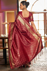 Majestic Maroon Pure Zari Weaving Banarasi Silk Saree With Grandiose Blouse Piece