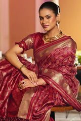 Majestic Maroon Pure Zari Weaving Banarasi Silk Saree With Grandiose Blouse Piece